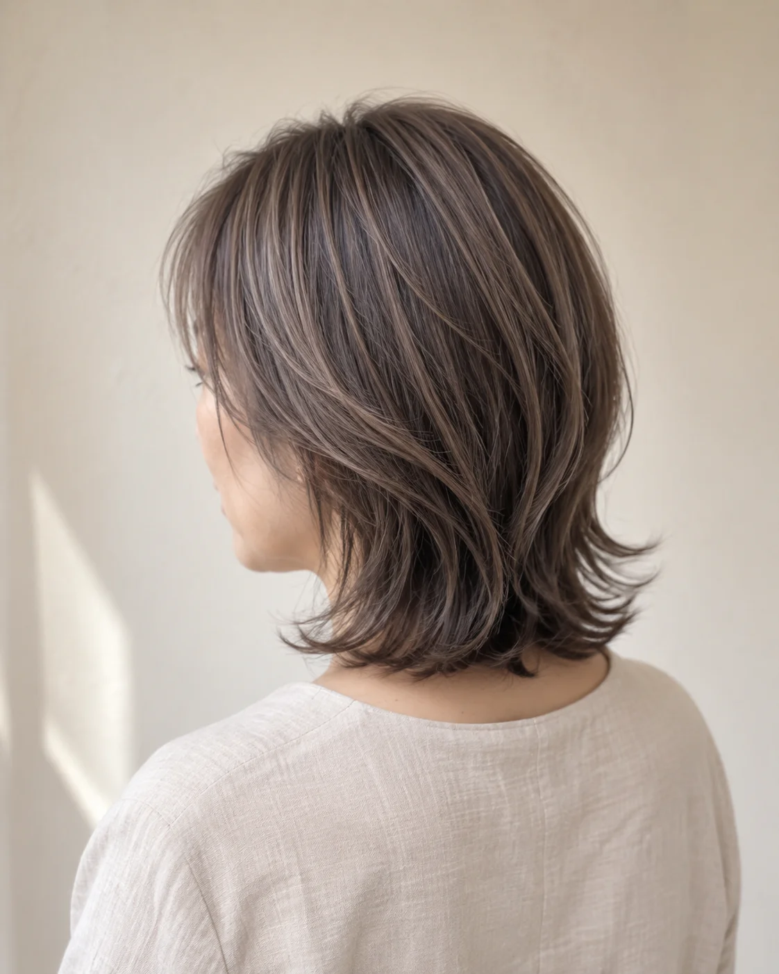 細いベージュの筋をなじませた肩上のレイヤースタイル